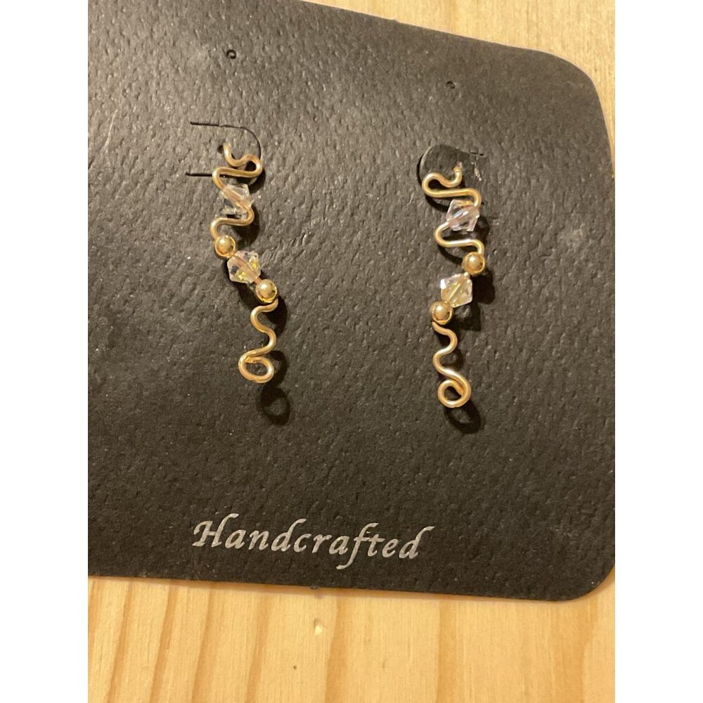 Handcrafted Gold Wire & Crystal Drop Earrings - Unique Swirl Design